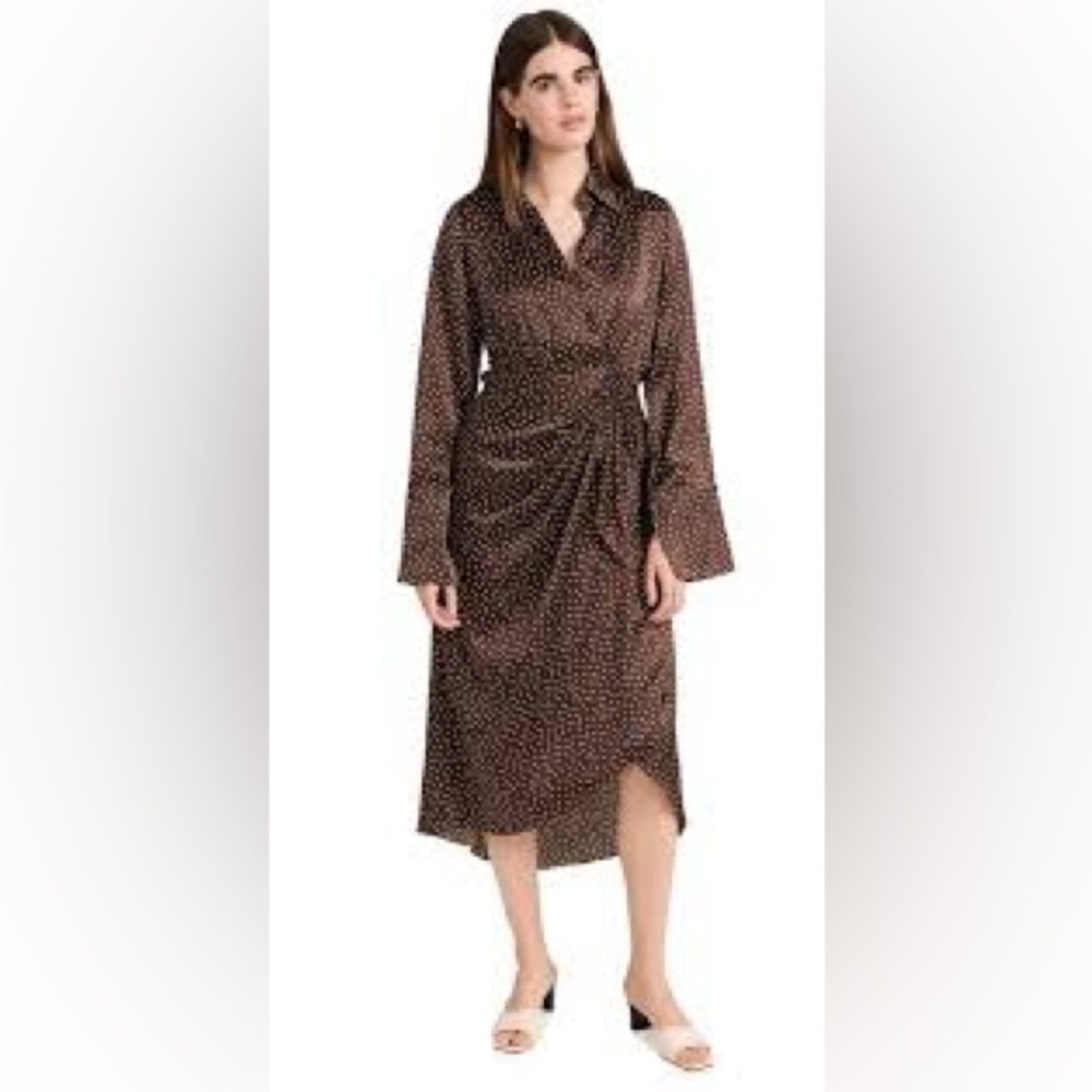 Wyeth Margaux Silk Satin Dress Brown Polka Dot Wrap Midi Amy Sz  M New